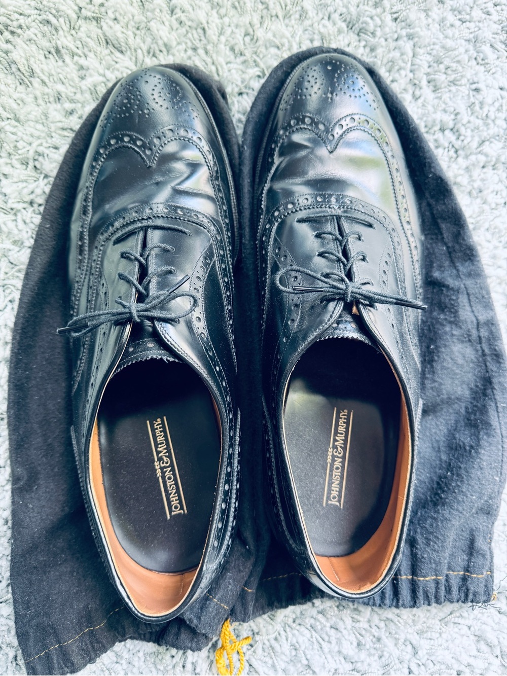 American Hand Made Johnston & Murphy Black Leather Wingtip Oxfords Shoes 14 USA - Picture 3 of 5